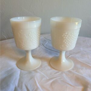 Vintage Milk Glass Goblets - Cream Grape Pattern (Set of 2)